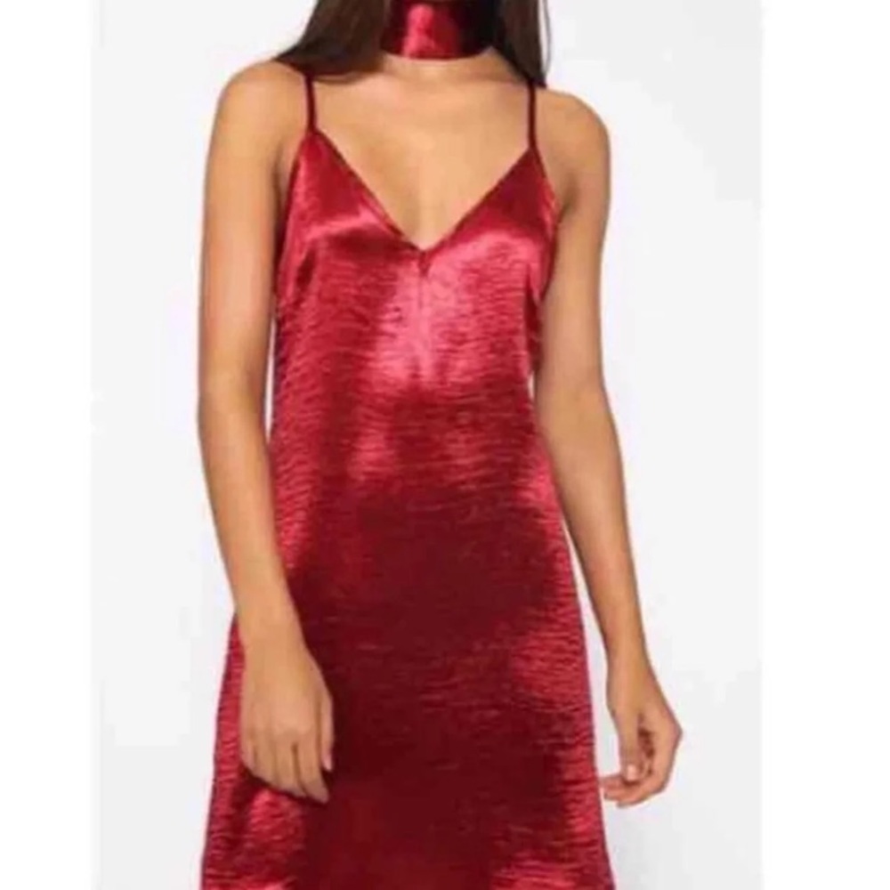 red satin slip dress with choker